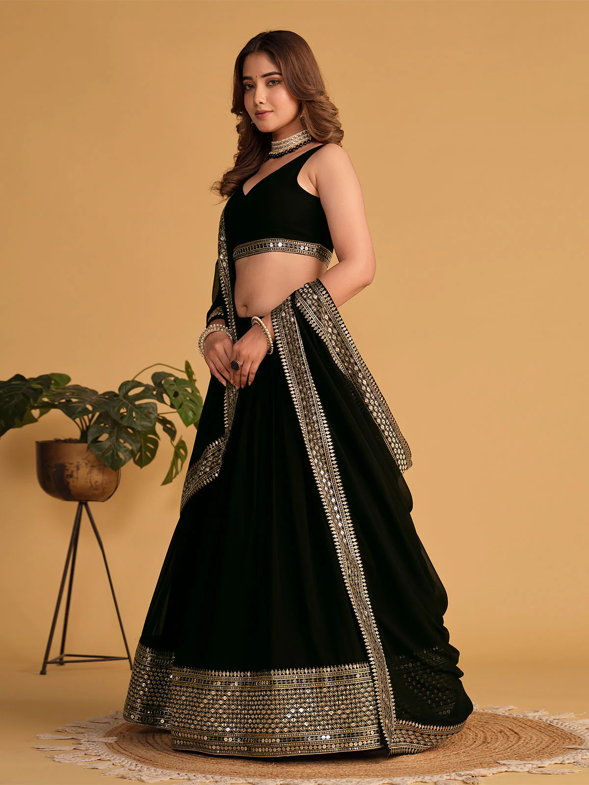 Odette Black Georgette Embellished Semi Stitched Lehenga With Unstitched Blouse For Women - Image 2