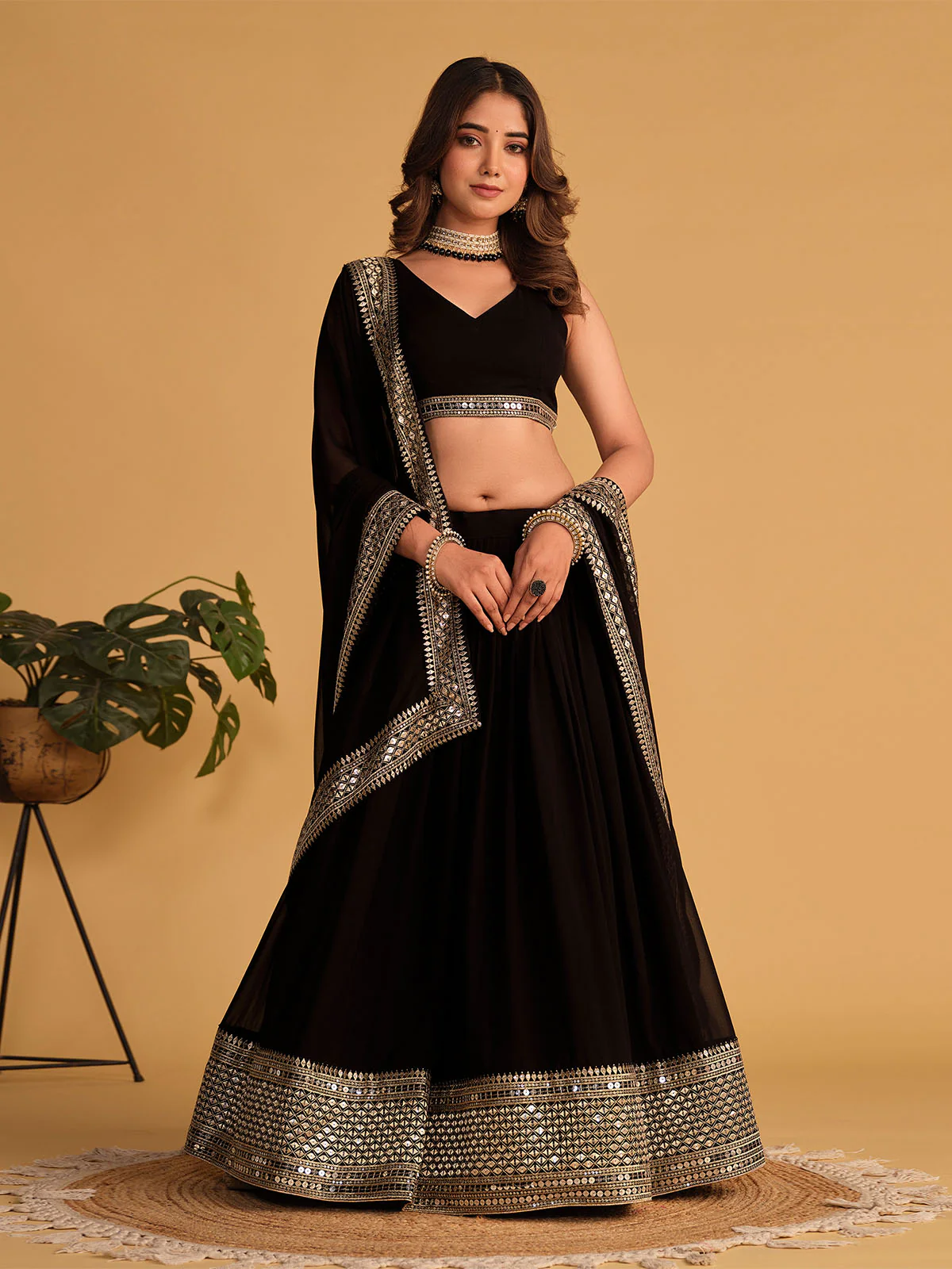 Odette Black Georgette Embellished Semi Stitched Lehenga With Unstitched Blouse For Women - Image 3