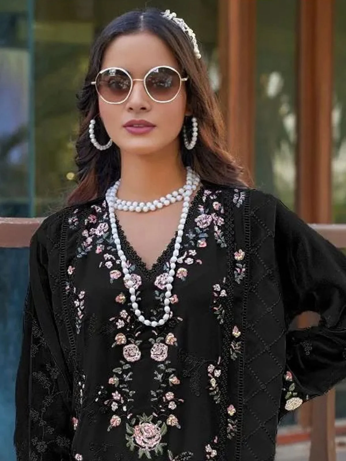 Odette Black Georgette Embellished Semi-Stitched Kurta Set For Women - Image 2
