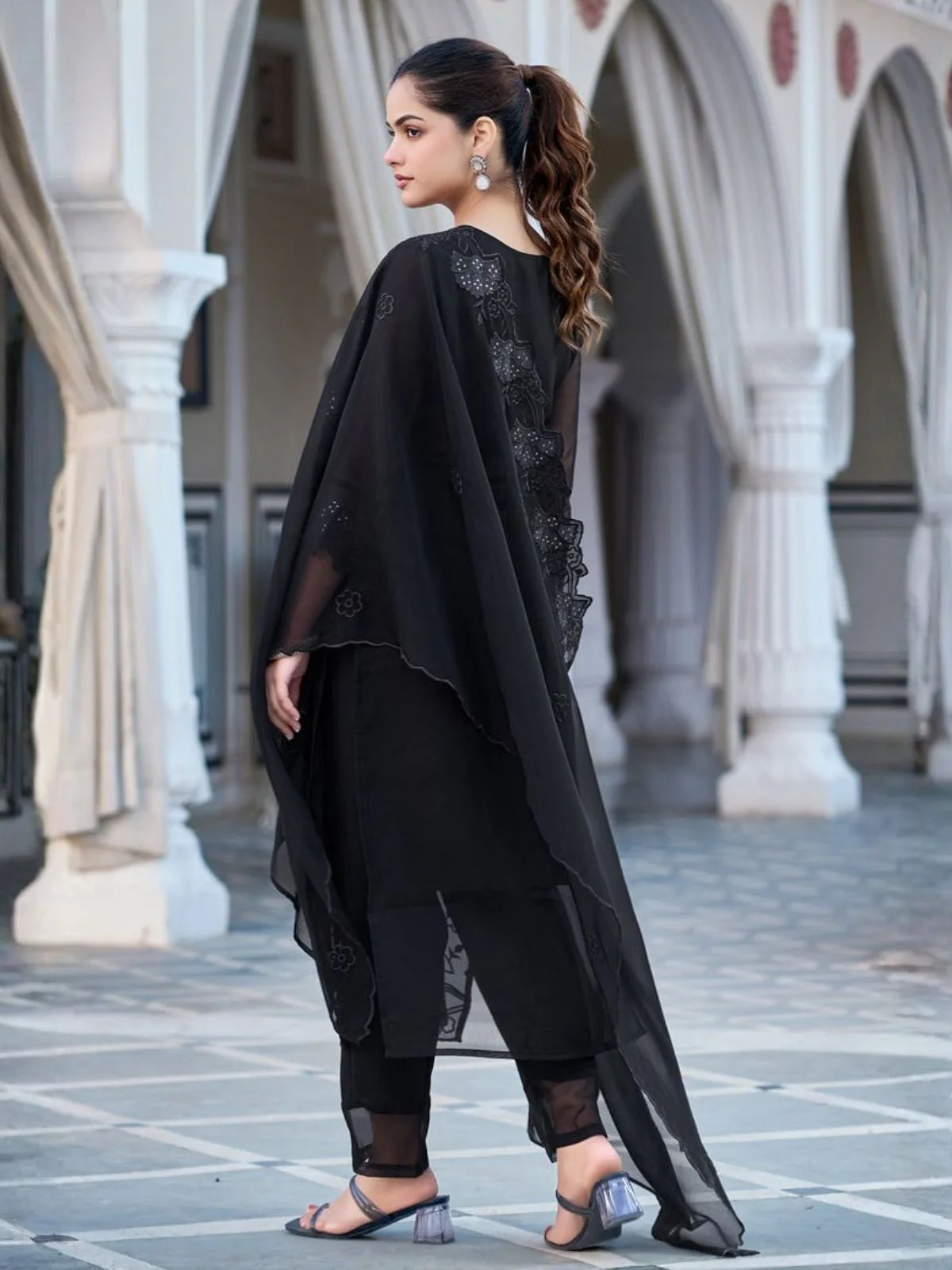 Odette Black Georgette Embriodered Stitched Kurta Set For Women - Image 2