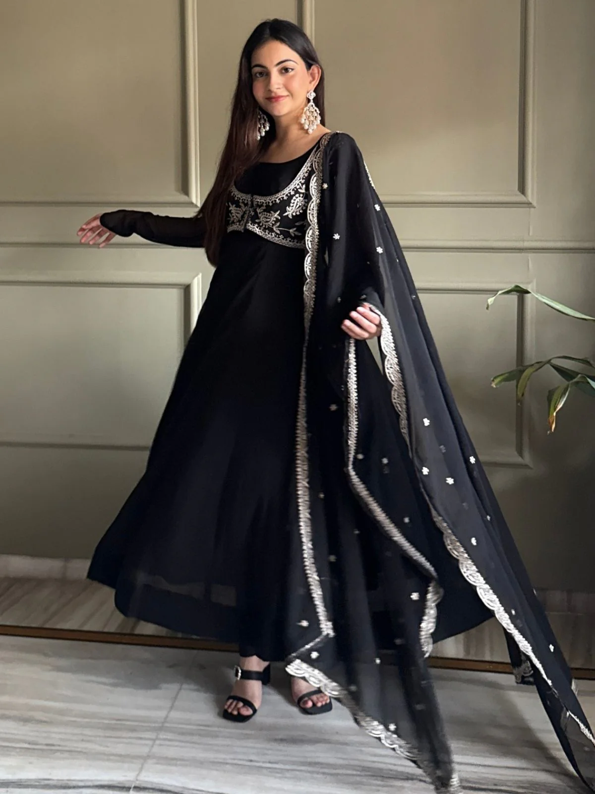 Odette Black GEORGETTE Embroidered Anarkali For Women - Image 2