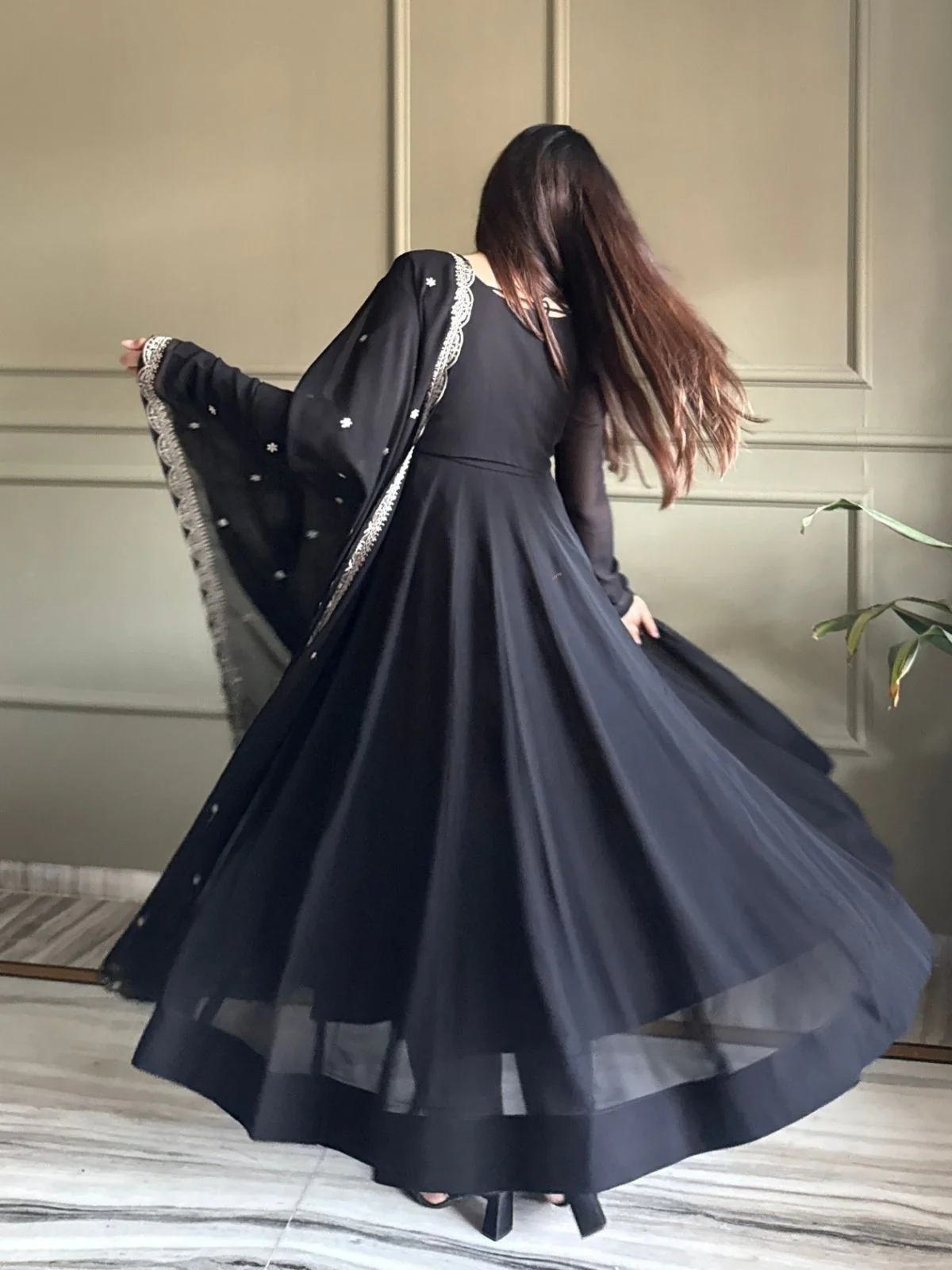 Odette Black GEORGETTE Embroidered Anarkali For Women - Image 3