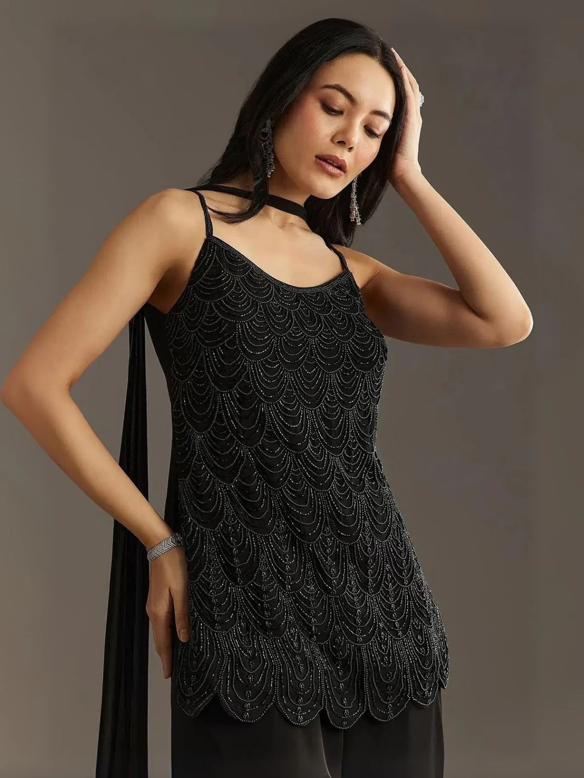 Odette Black Georgette Embroidered Semi-Sitched Kurta Set For Women - Image 2