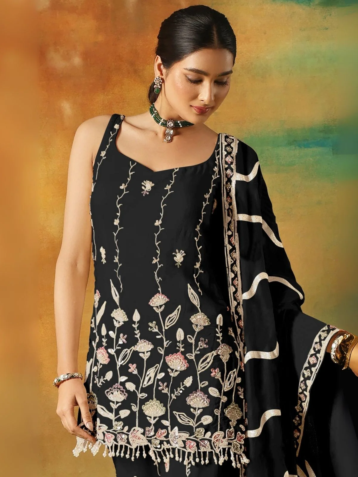 Odette Black Georgette Embroidered Semi-Sitched Kurta Set For Women - Image 2