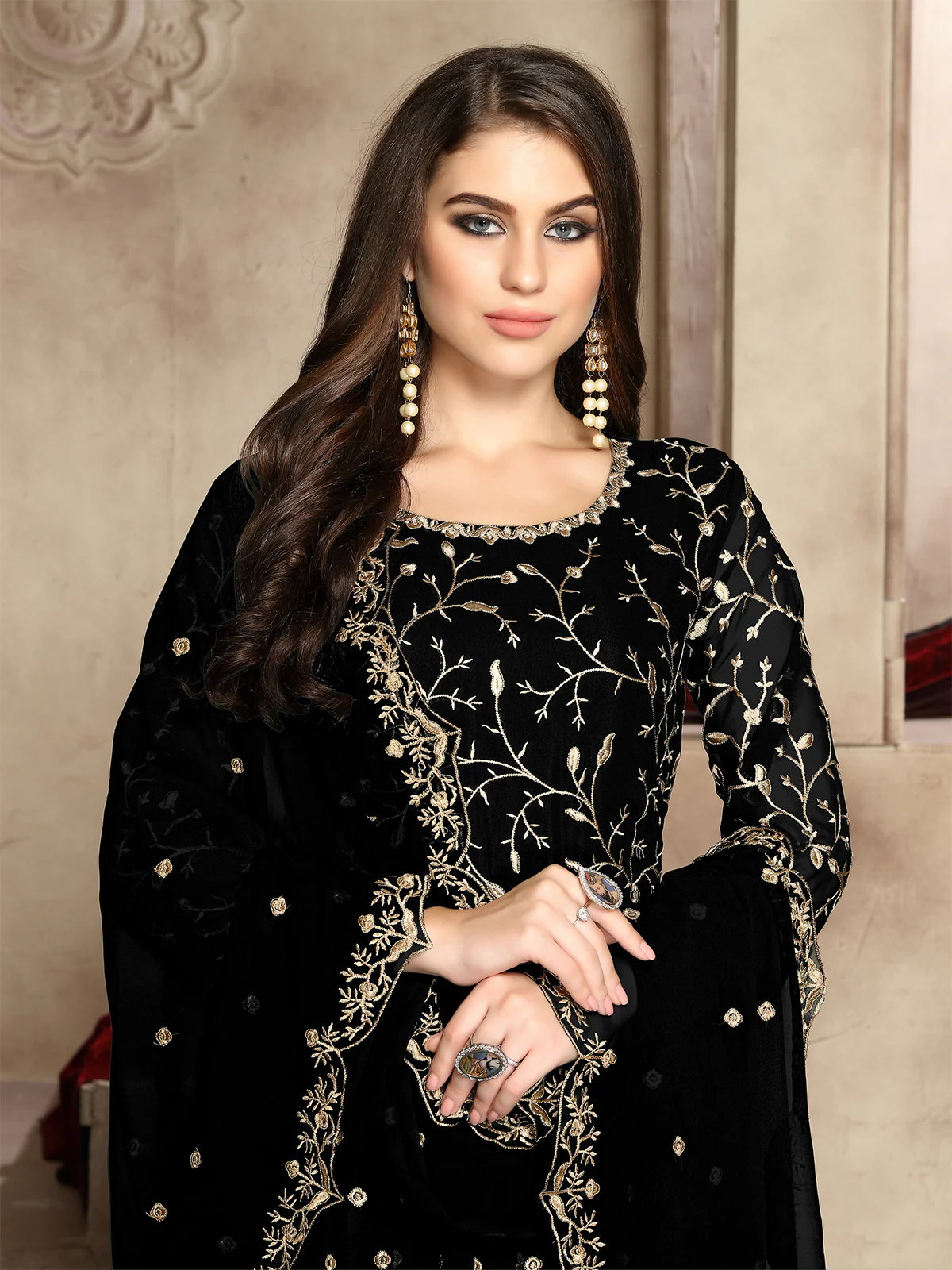 Odette Black Georgette Embroidered Semi stitched Kurta Set For Women - Image 2