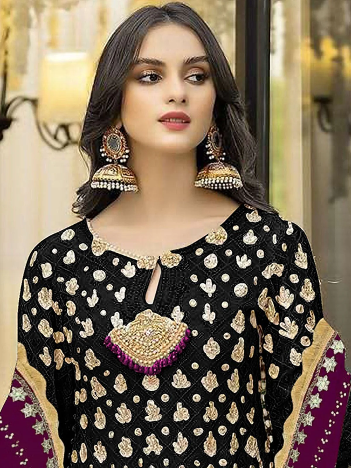 Odette Black Georgette Embroidered Semi Stitched Kurta Set For Women - Image 2