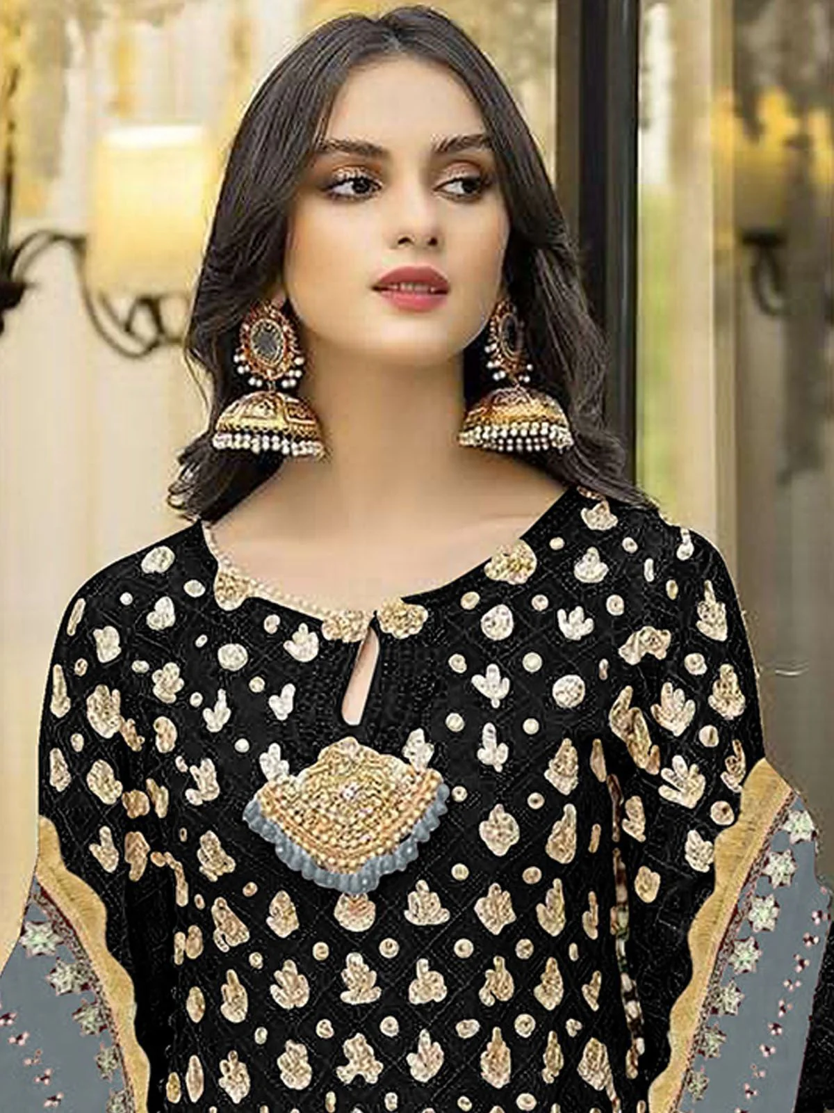 Odette Black Georgette Embroidered Semi Stitched Kurta Set For Women - Image 2