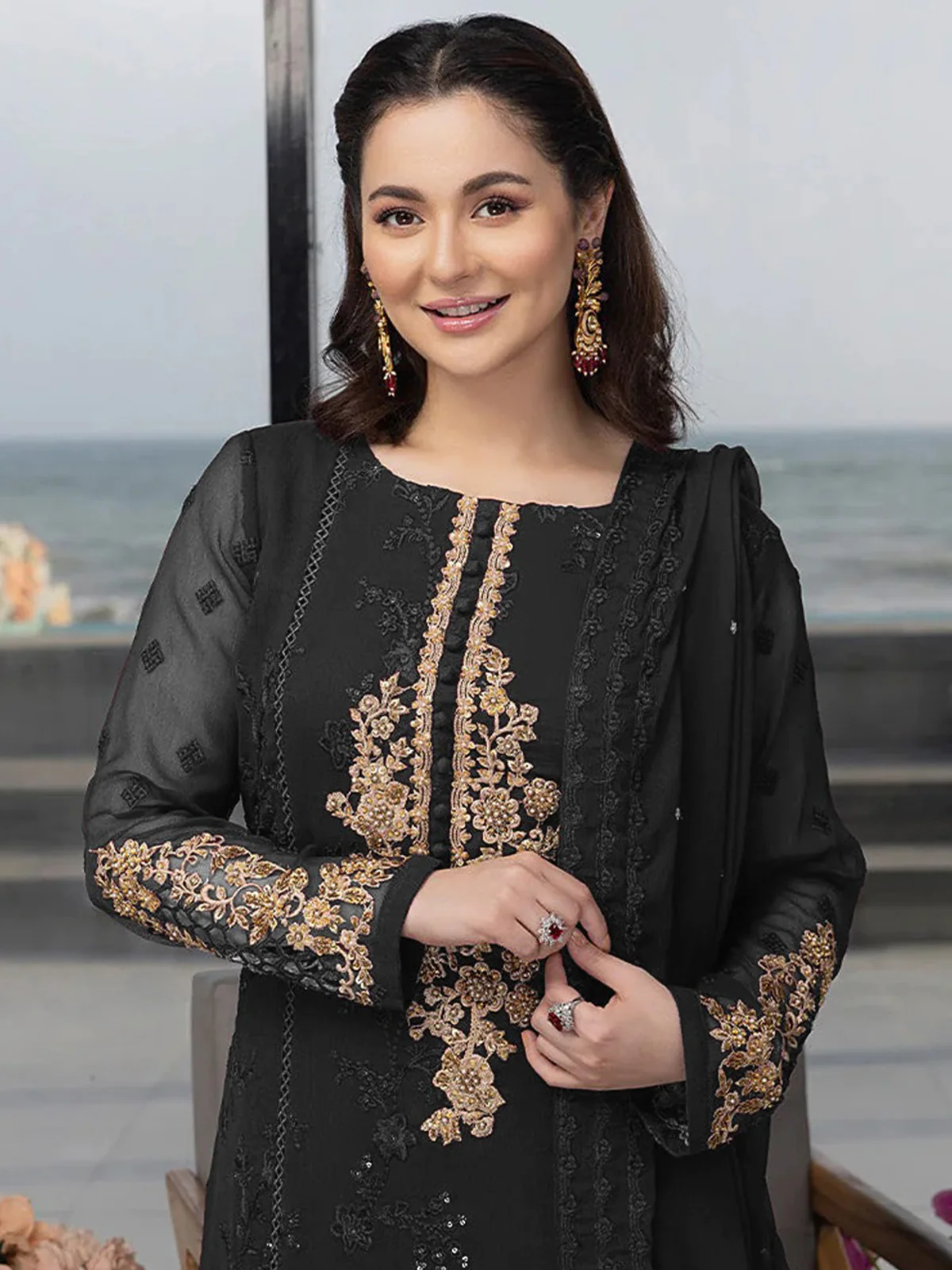 Odette Black Georgette Embroidered Semi Stitched Kurta Set For Women - Image 2