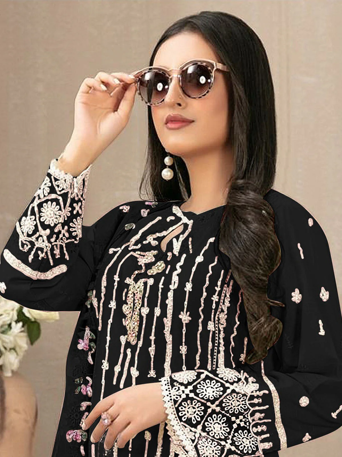 Odette Black Georgette Embroidered Semi Stitched Kurta Set For Women - Image 2