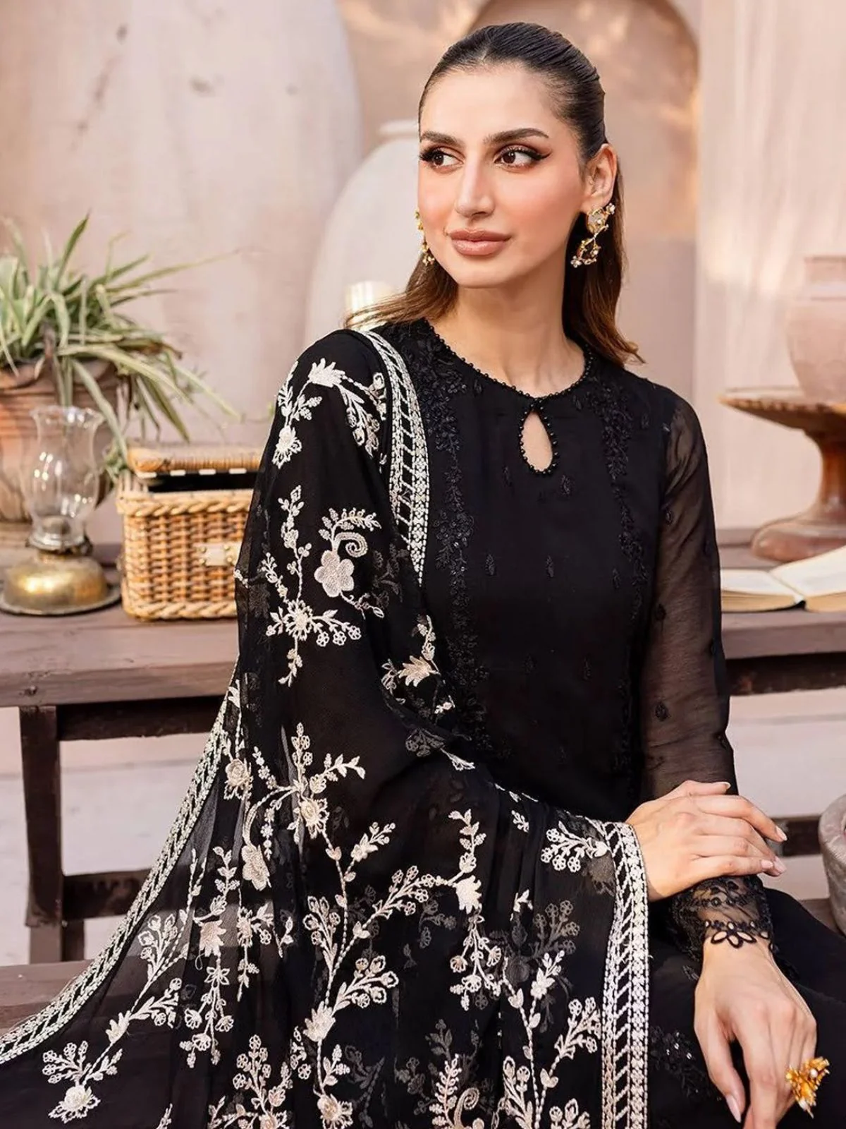 Odette Black Georgette Embroidered Semi-Stitched Kurta Set For Women - Image 2