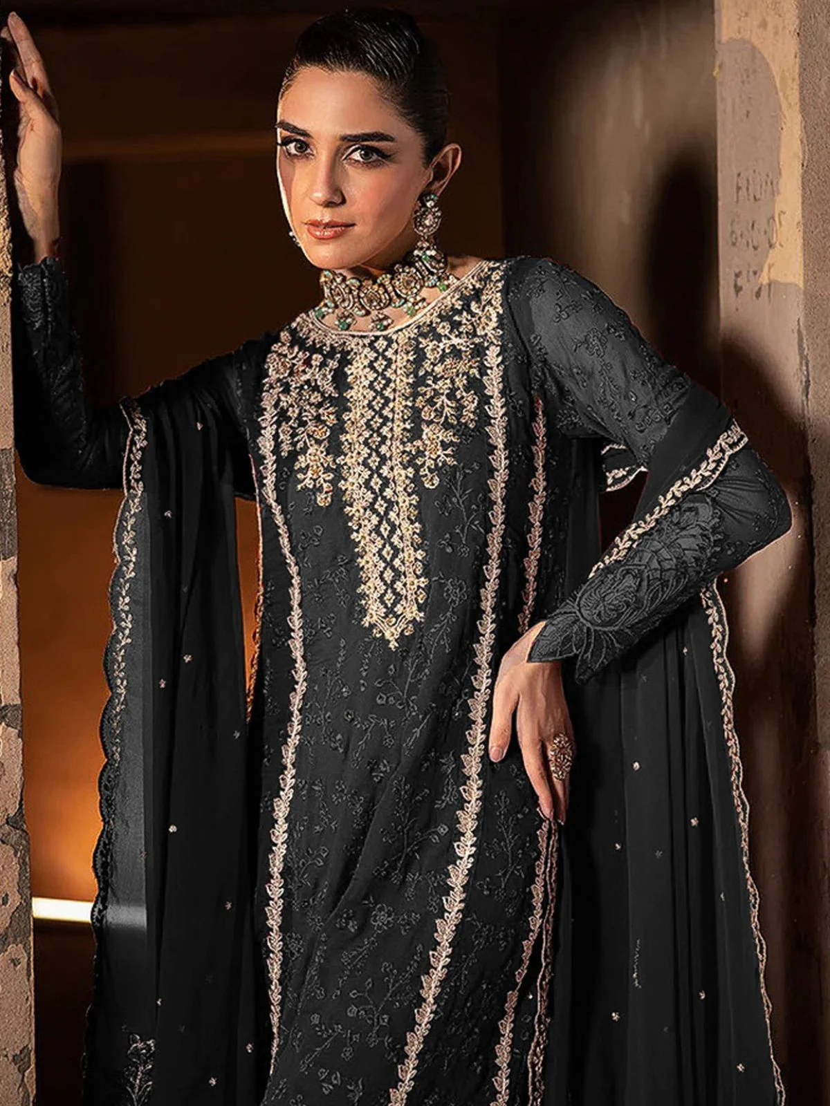 Odette Black Georgette Embroidered Semi-Stitched Kurta Set For Women - Image 2