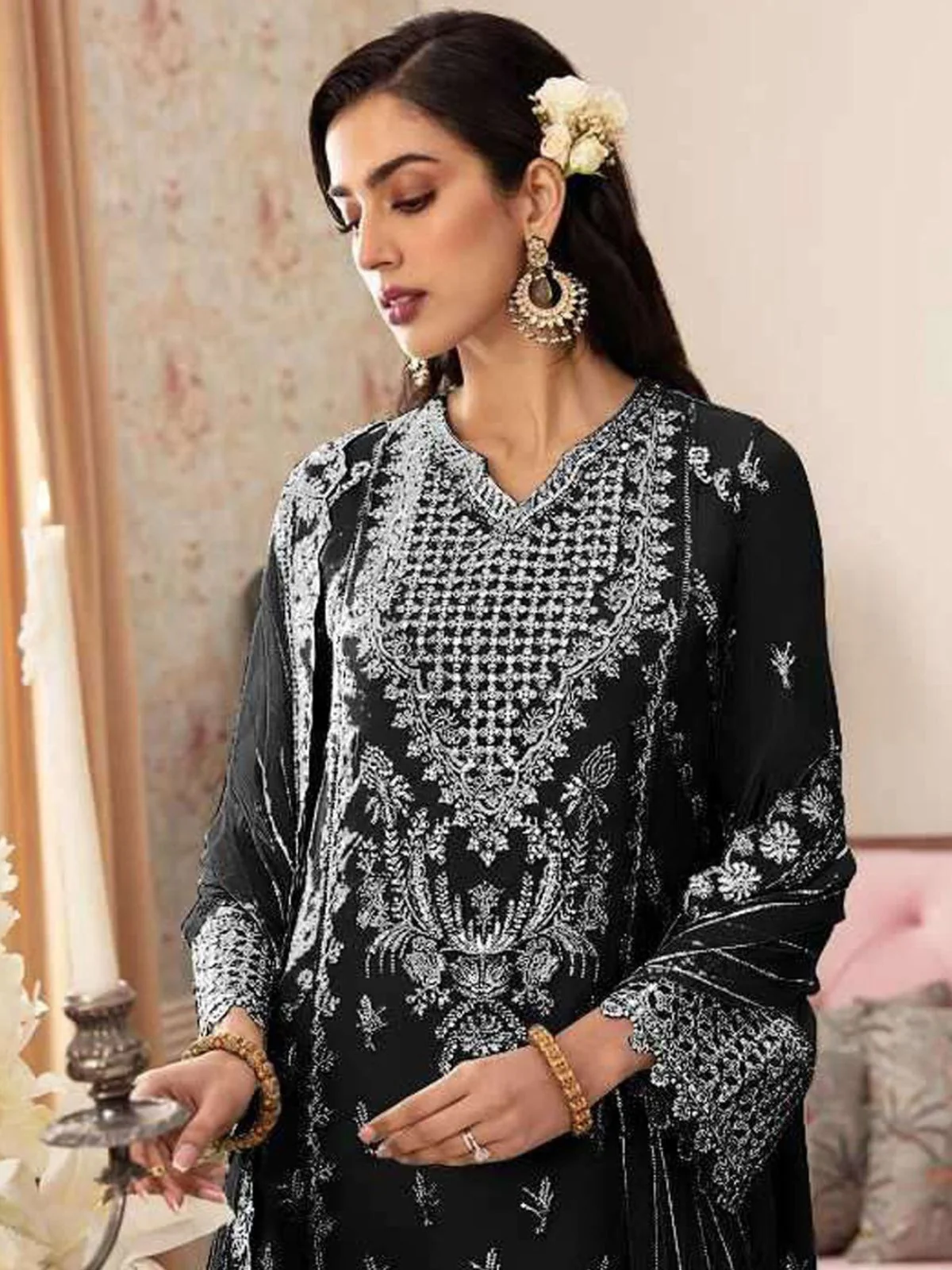 Odette Black Georgette Embroidered Semi-Stitched Kurta Set For Women - Image 2