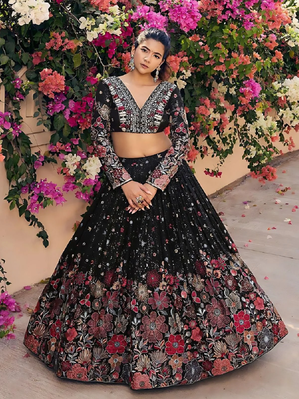 Odette Black Georgette Embroidered Semi-Stitched Lehenga For Women - Image 2