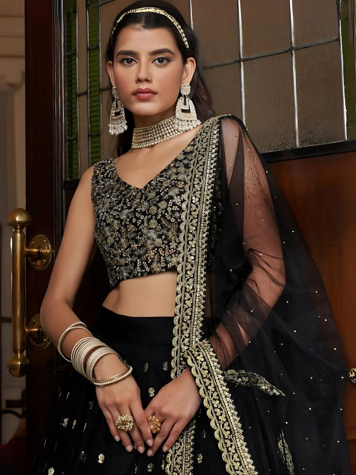 Odette Black Georgette Embroidered Semi-Stitched Lehenga For Women - Image 2