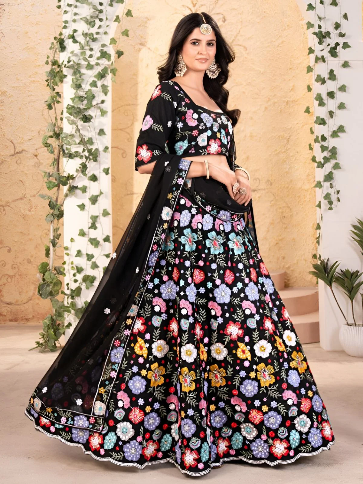 Odette Black Georgette Embroidered Semi-Stitched lehenga For Women - Image 3