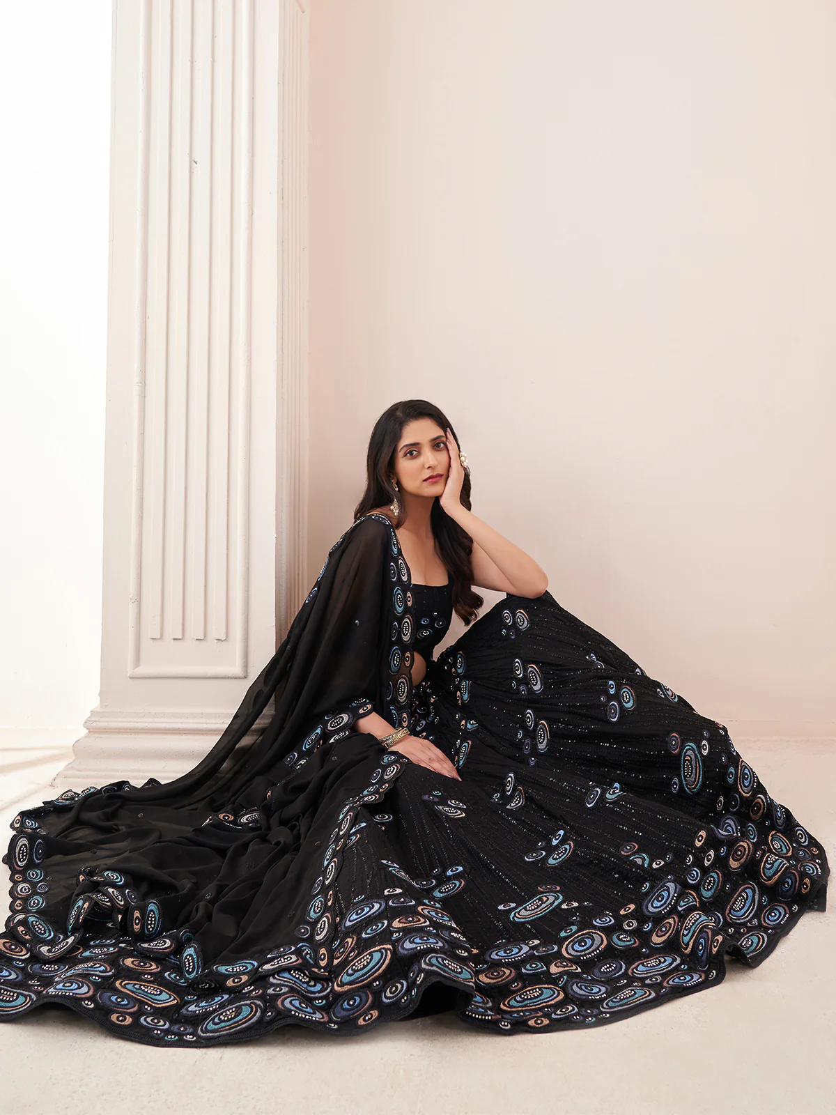 Odette Black Georgette Embroidered Semi Stitched Lehenga With Unstitched Blouse for Women - Image 2
