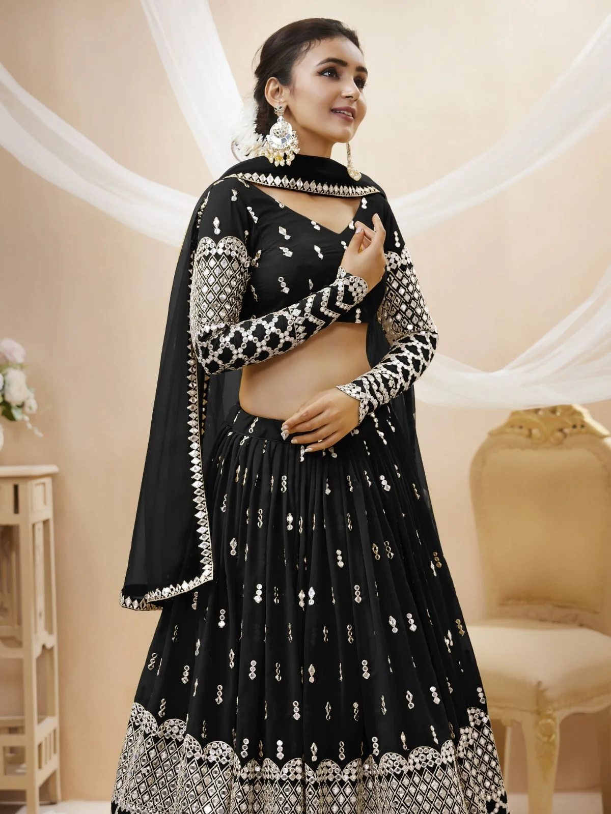 Odette Black Georgette Embroidered Semi Stitched Lehenga With Unstitched Blouse For Women - Image 5