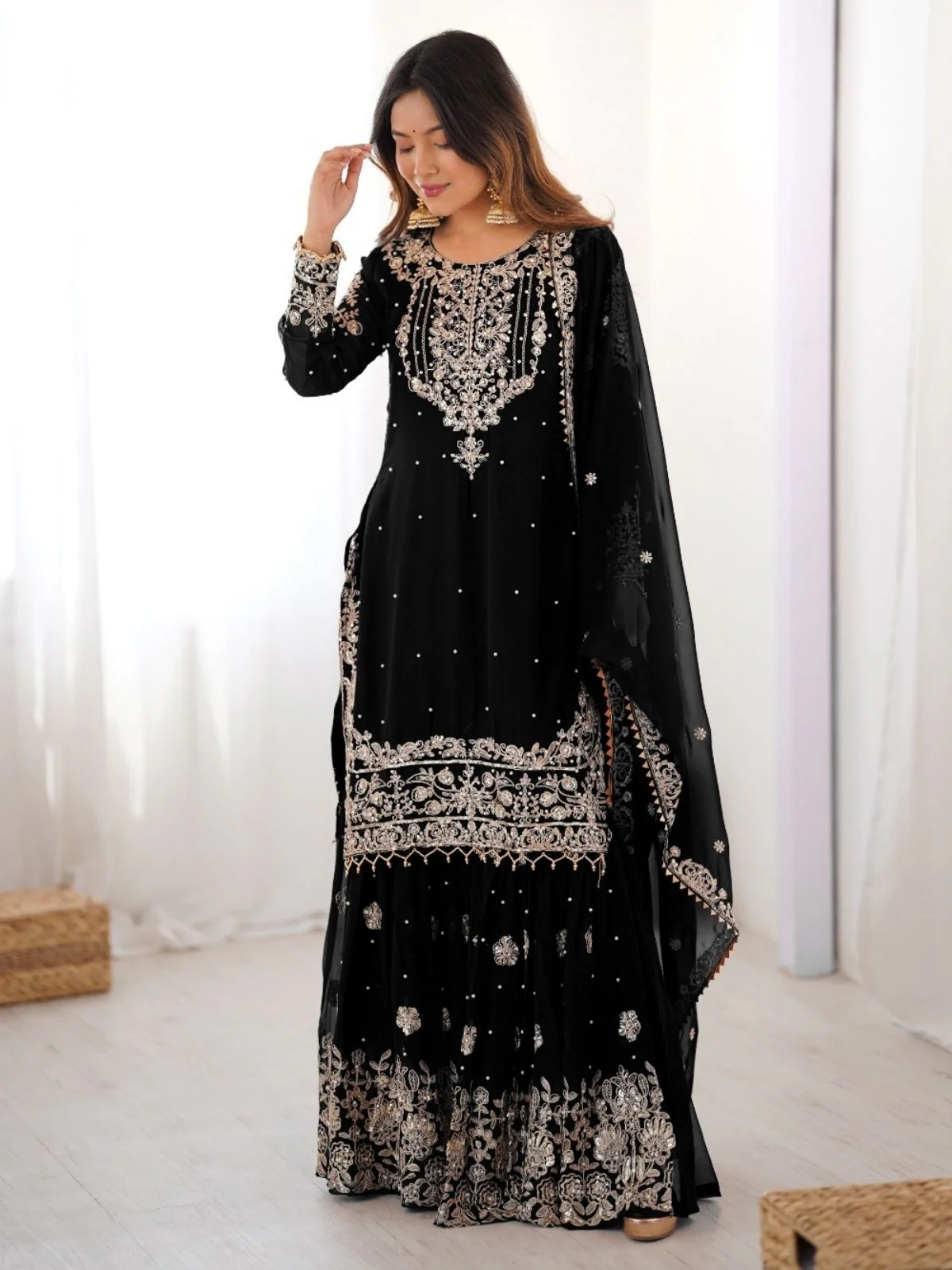 Odette Black Georgette Embroidered Stitched Kurta Set For Women - Image 3