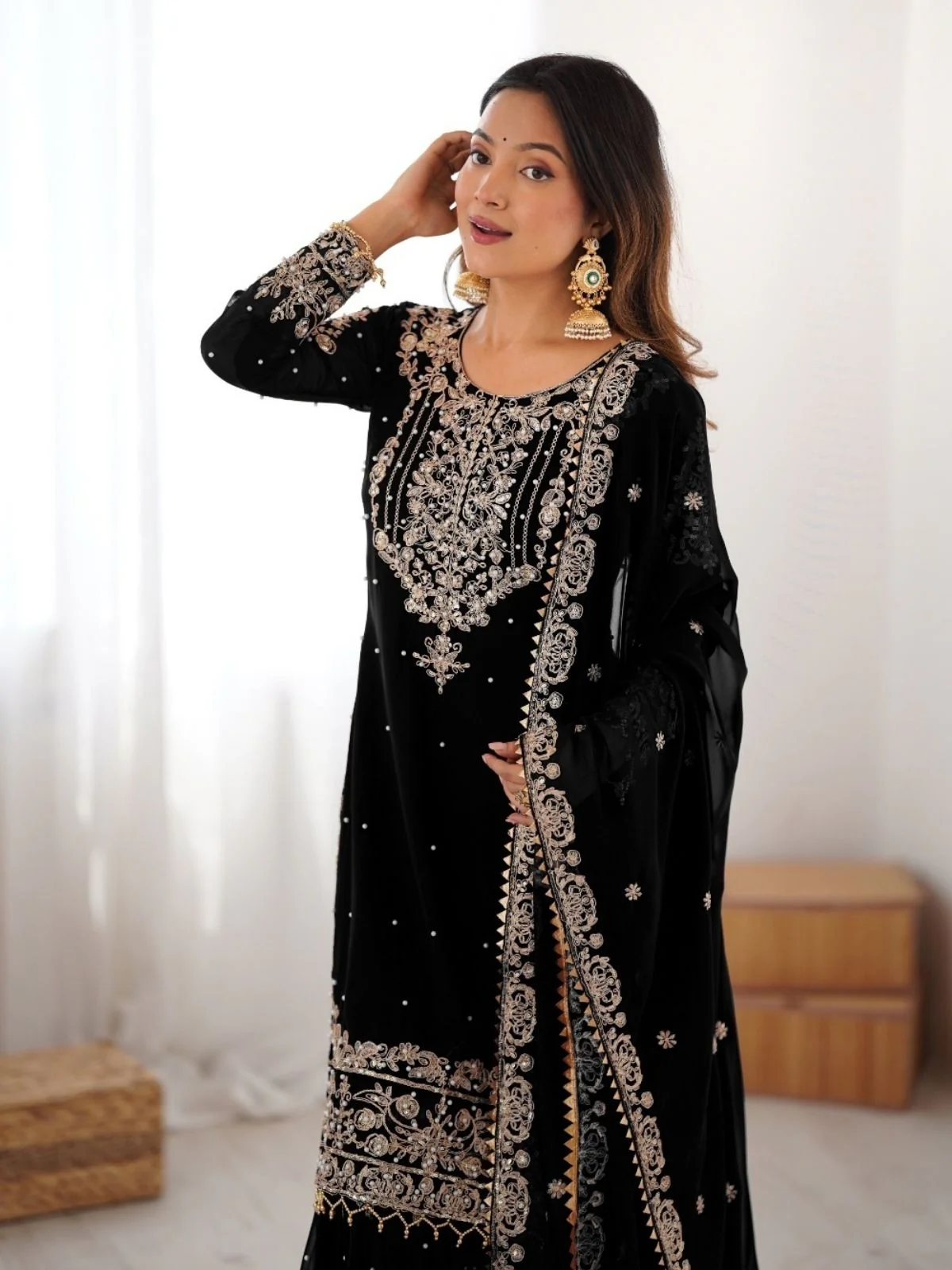 Odette Black Georgette Embroidered Stitched Kurta Set For Women - Image 6