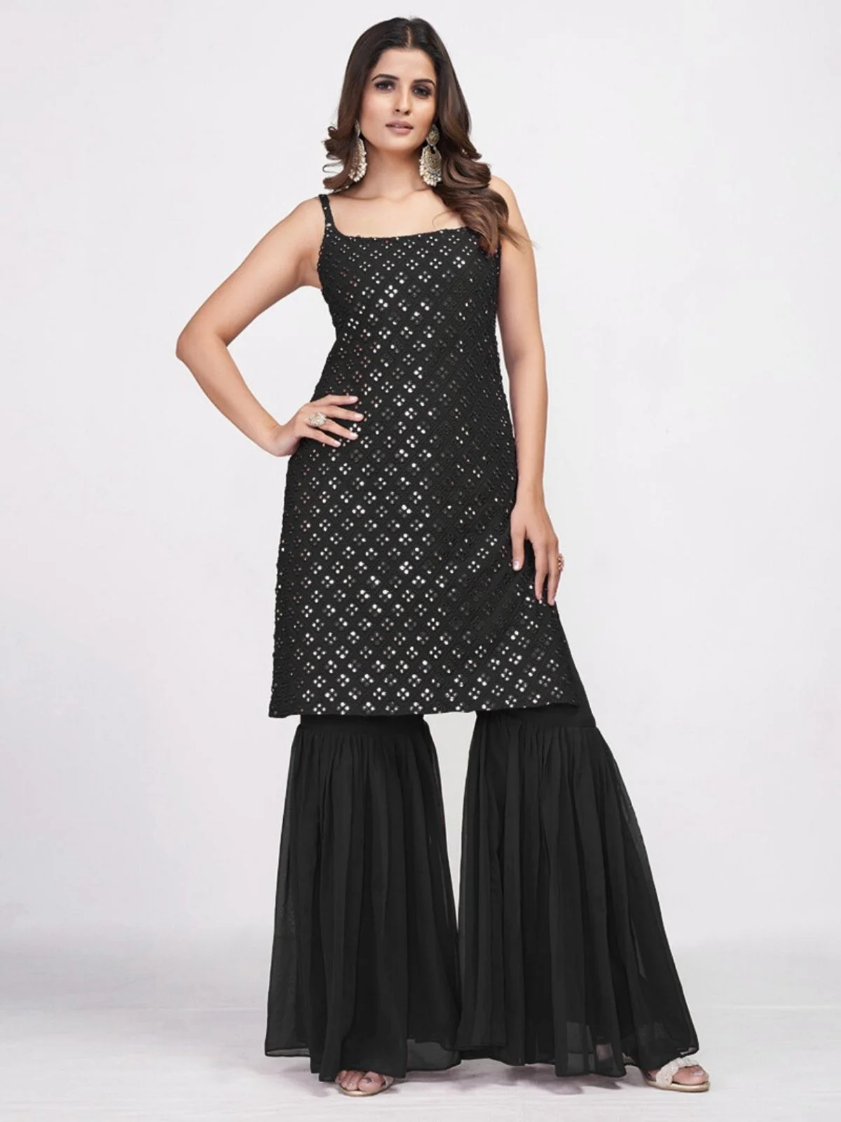Odette Black Georgette Embroidered Stitched Kurta Set For Women - Image 3