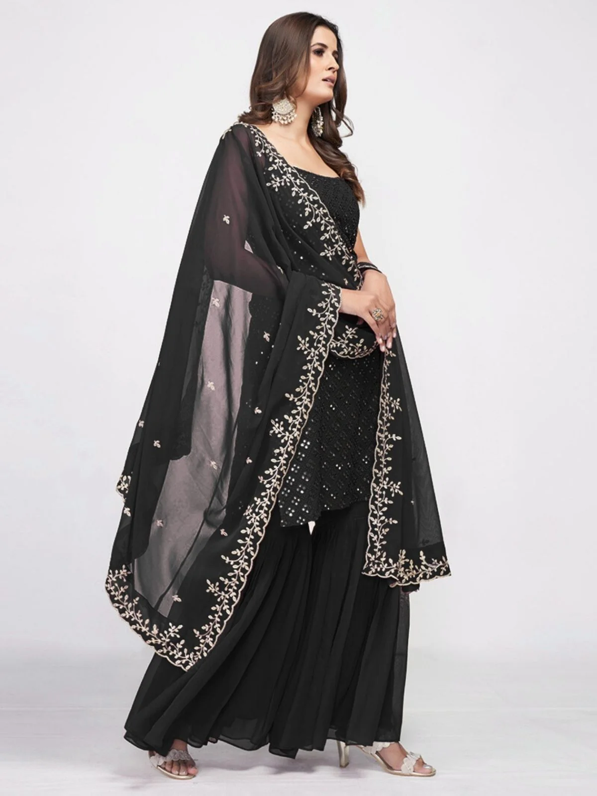 Odette Black Georgette Embroidered Stitched Kurta Set For Women - Image 4