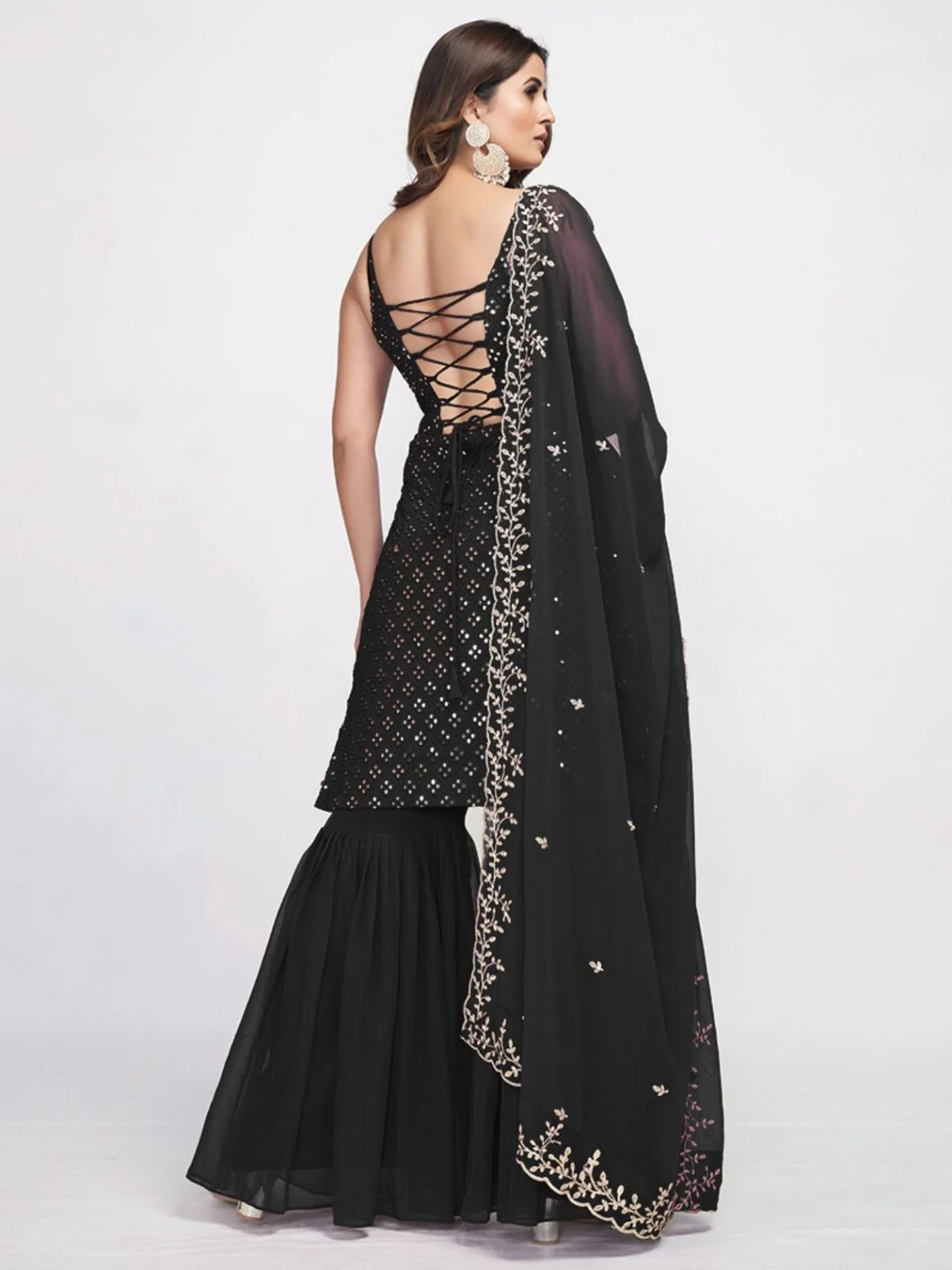 Odette Black Georgette Embroidered Stitched Kurta Set For Women - Image 5