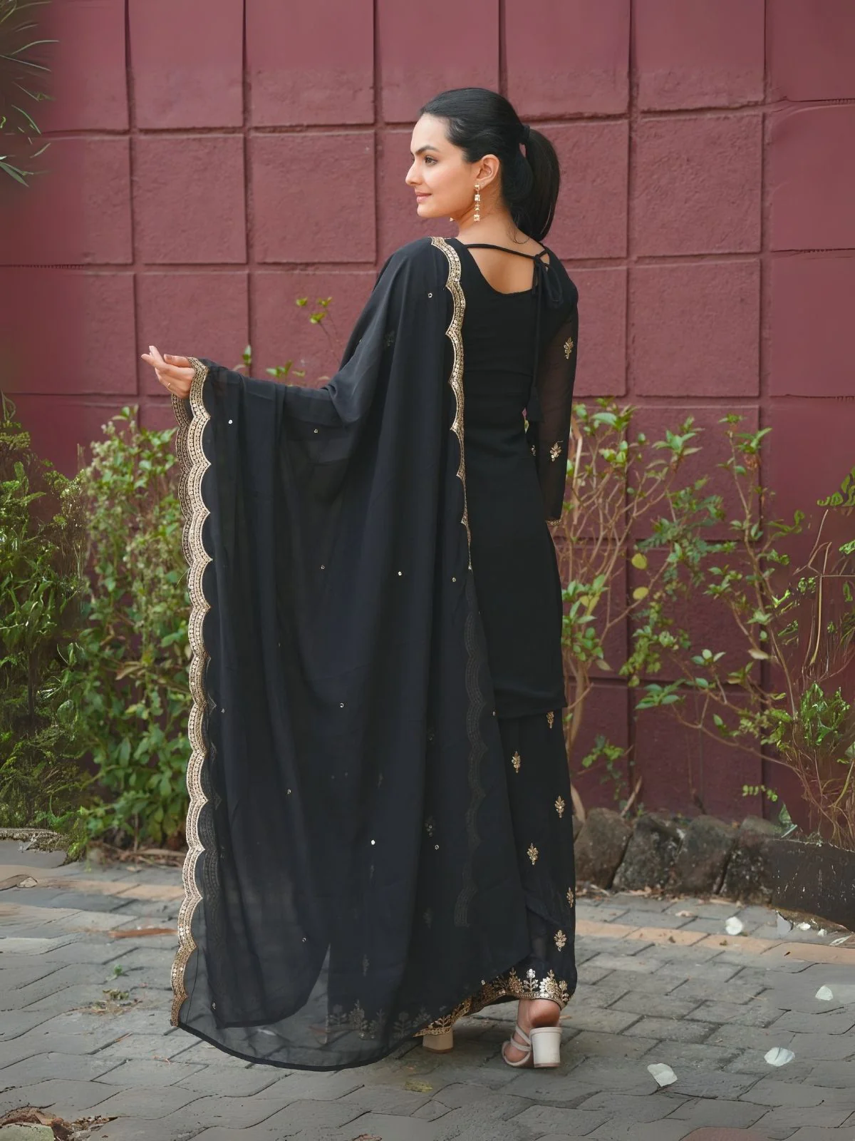 Odette Black Georgette Embroidered Stitched Kurta Set For Women - Image 2
