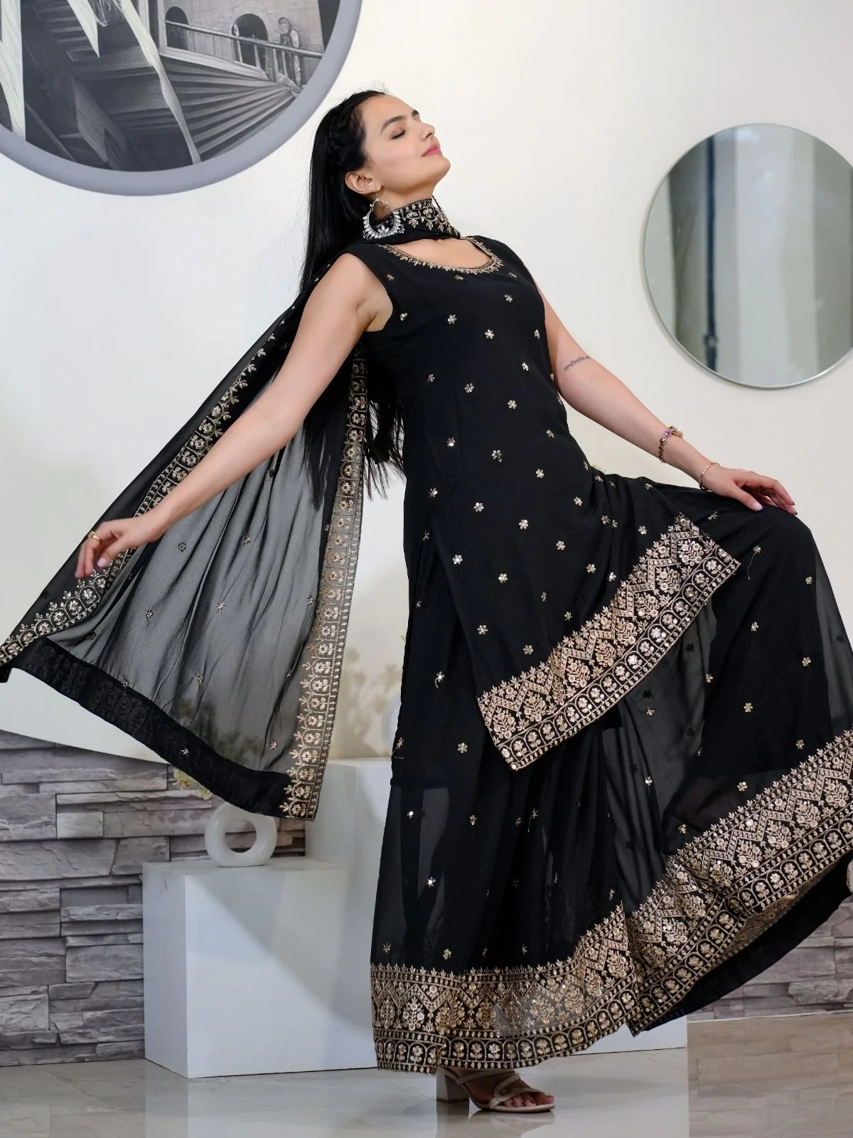 Odette Black Georgette Embroidered Stitched Kurta Set For Women - Image 4