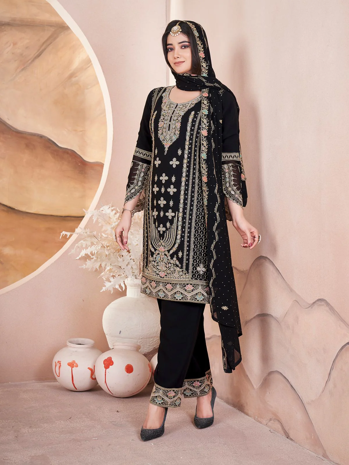 Odette Black Georgette Embroidered Stitched Kurta Set For Women - Image 2
