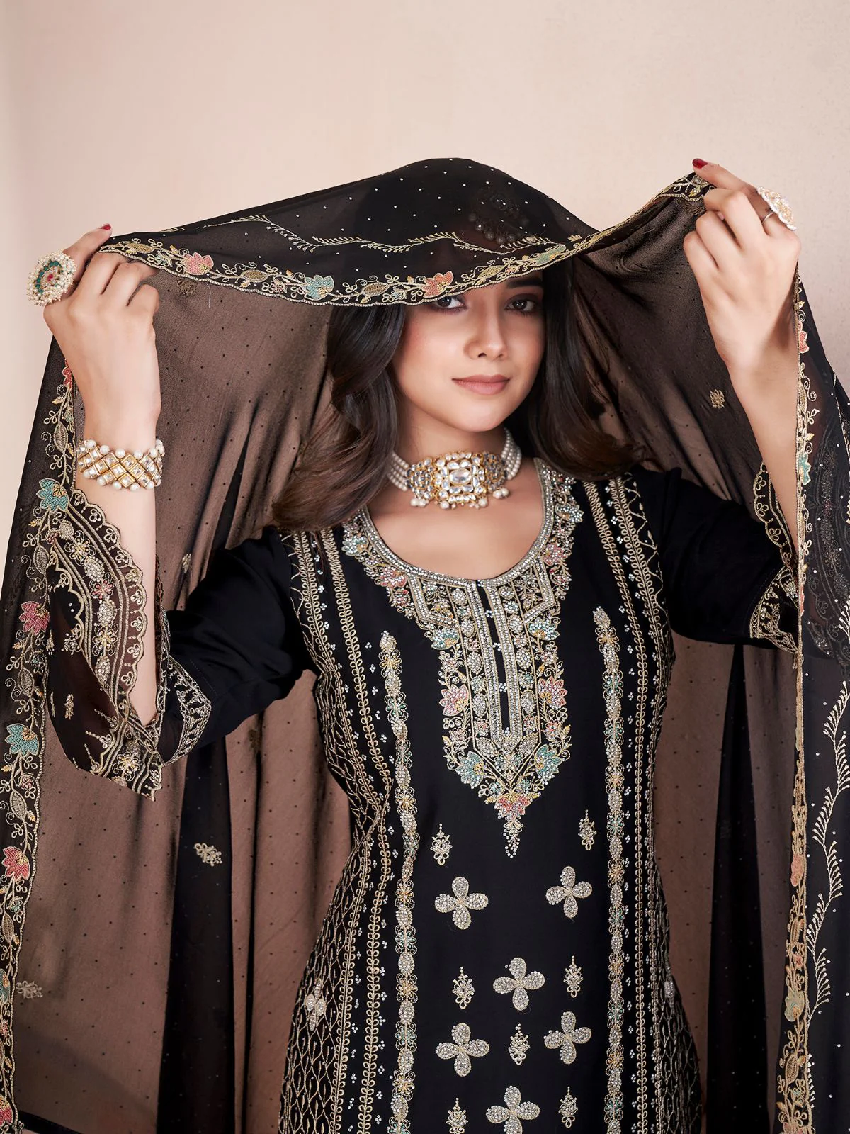 Odette Black Georgette Embroidered Stitched Kurta Set For Women - Image 4