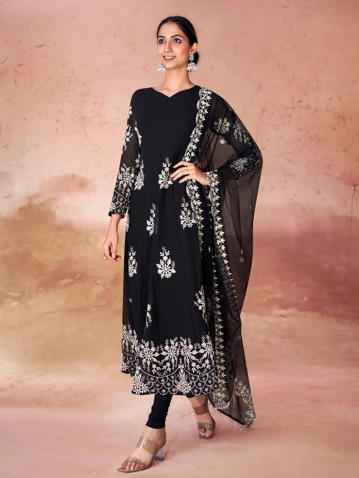 Odette Black Georgette Embroidered Stitched Gown For Women - Image 2