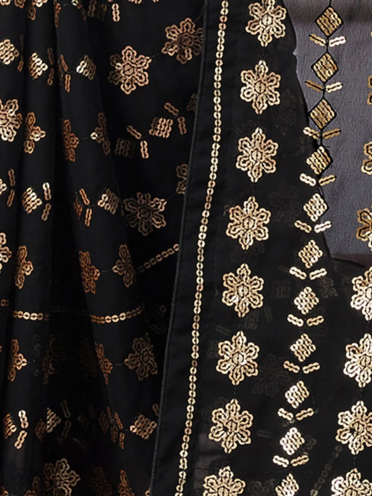 Odette Black Georgette Gold Sequins Saree With Unstitched Blouse For Women - Image 3
