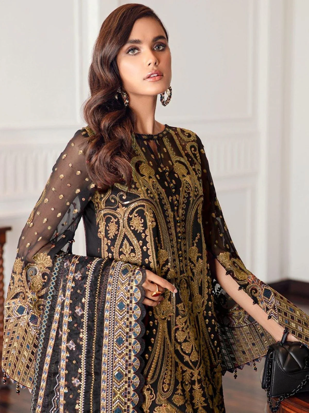Odette Black Georgette Golden Embroidered Semi-Stitched Kurta Set For Women - Image 2