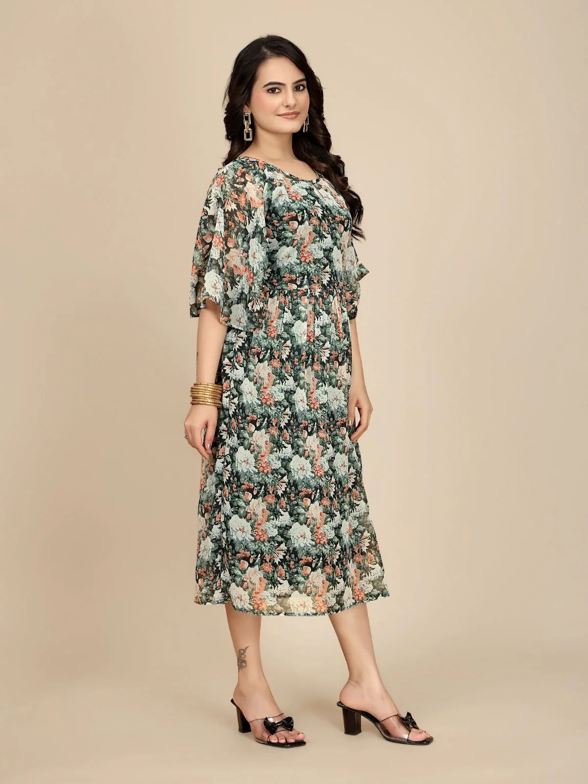 Odette Black Georgette Printed Dress For Women - Image 3