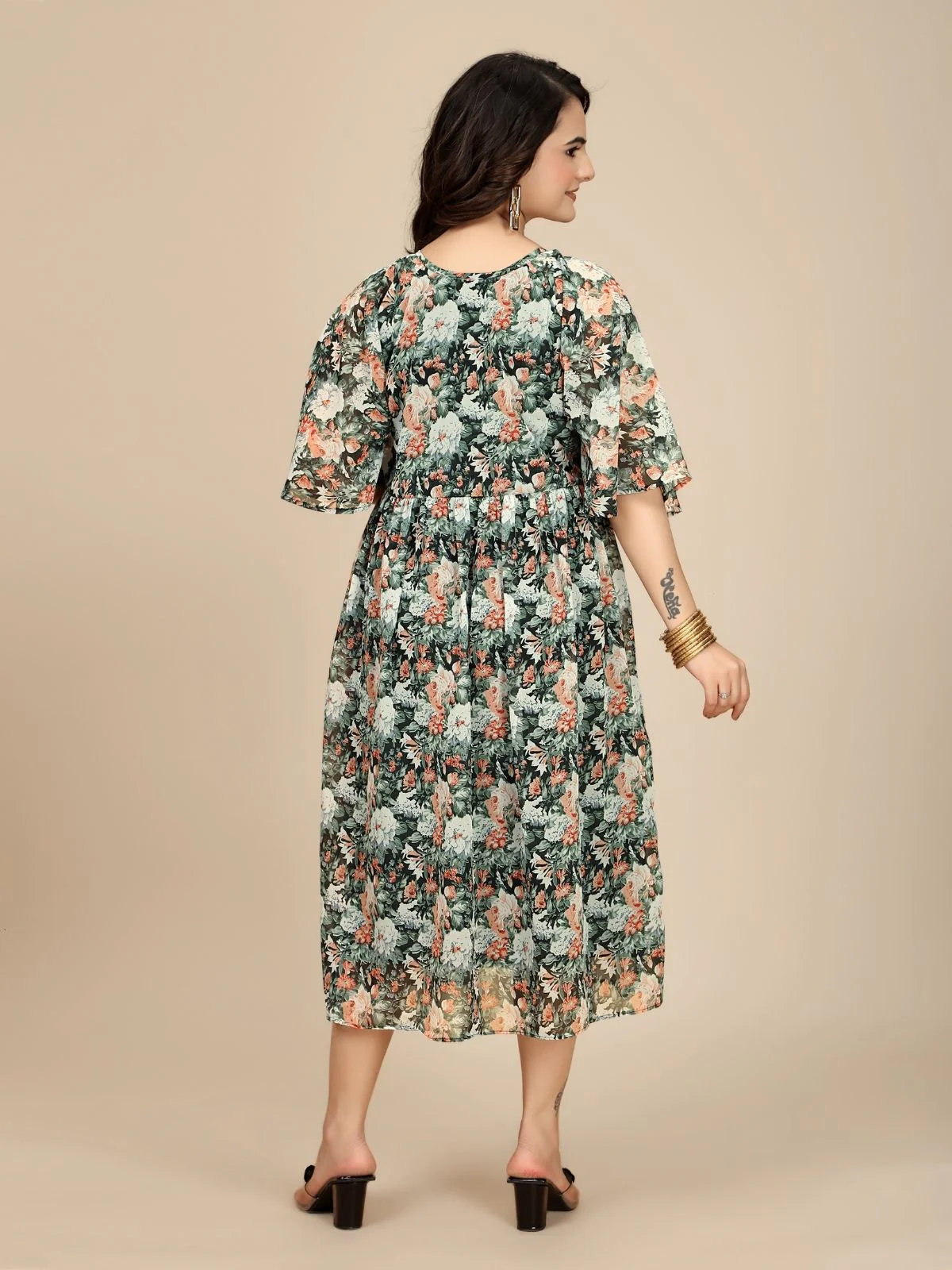 Odette Black Georgette Printed Dress For Women - Image 4