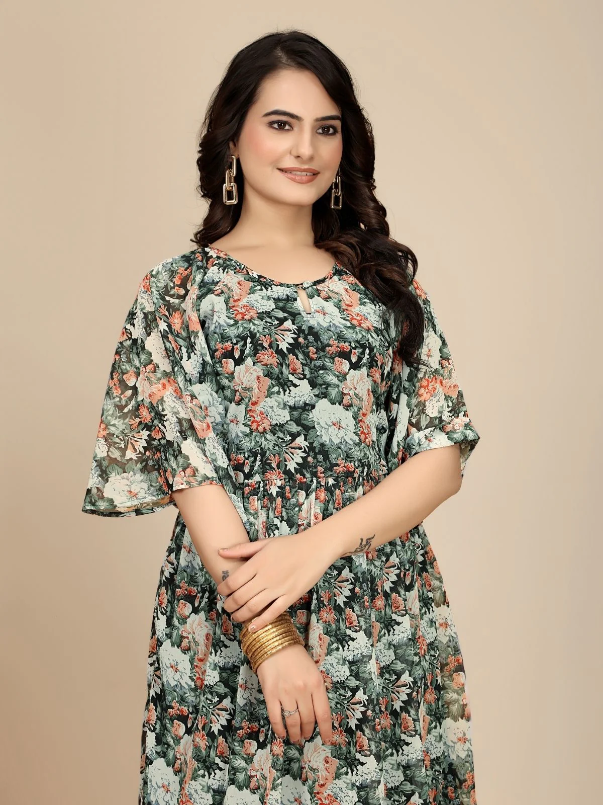 Odette Black Georgette Printed Dress For Women - Image 5
