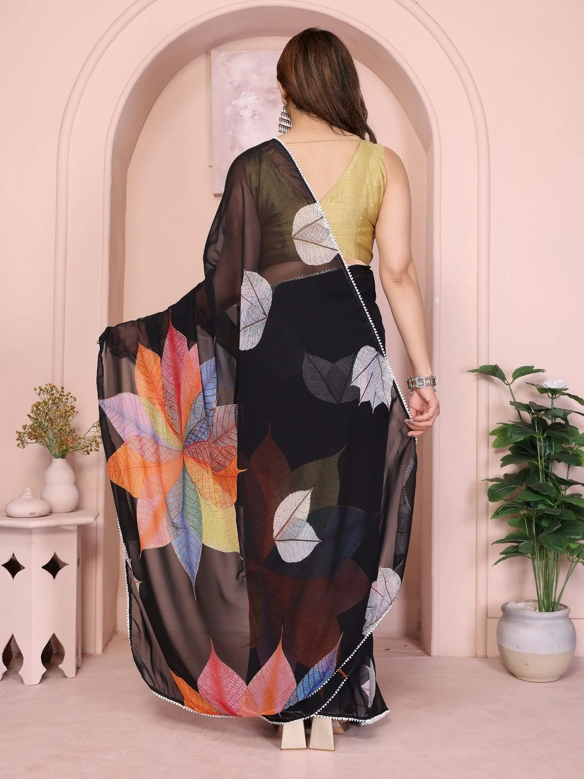 Odette Black Georgette Printed & Ruffle Saree For Women - Image 3