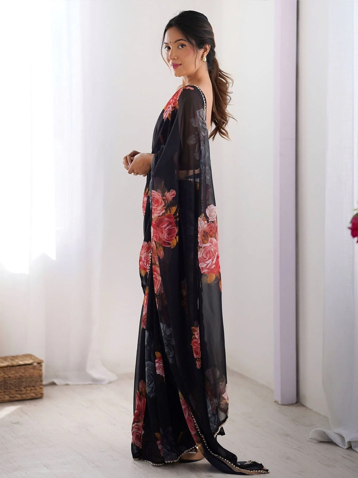 Odette Black Georgette Printed Saree For Women - Image 2