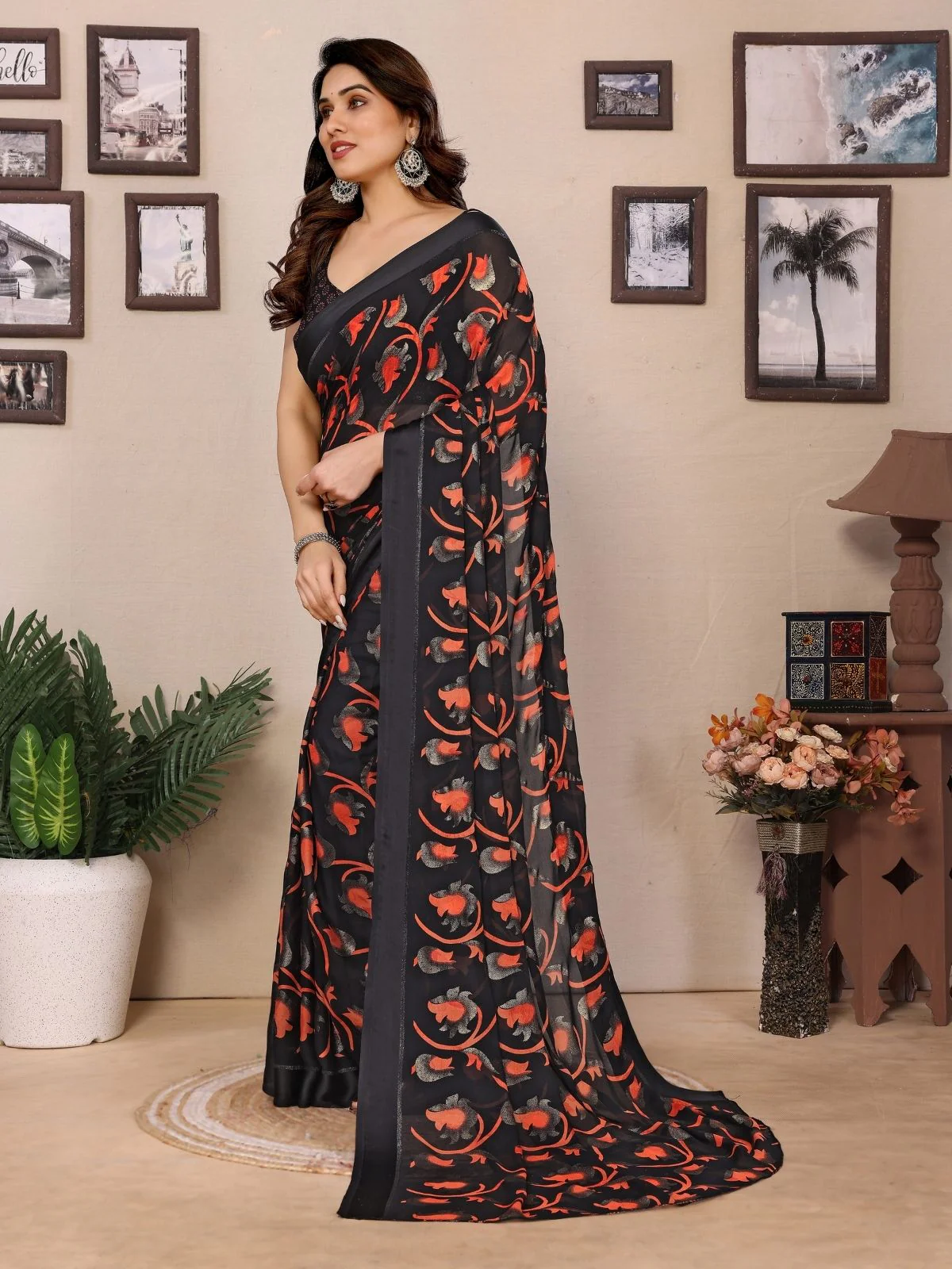 Odette Black Georgette Printed Saree For Women - Image 2