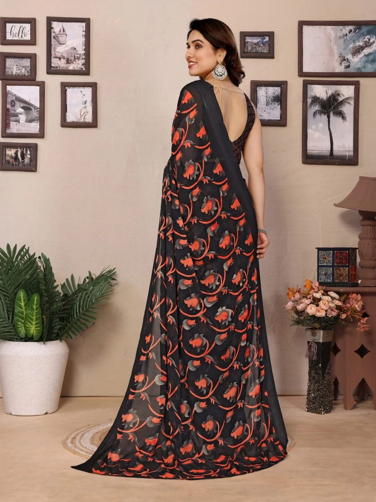 Odette Black Georgette Printed Saree For Women - Image 3