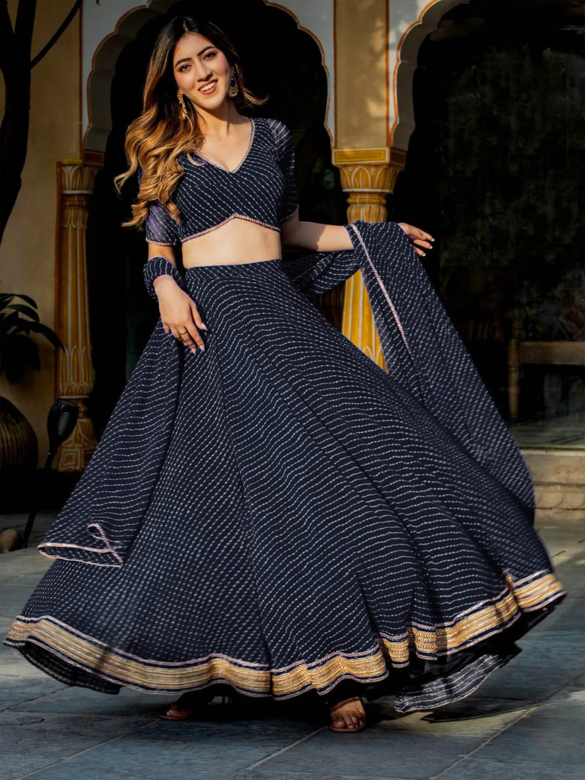Odette Black Georgette Printed Semi Stitched Lehenga With Unstitched Blouse For Women - Image 2
