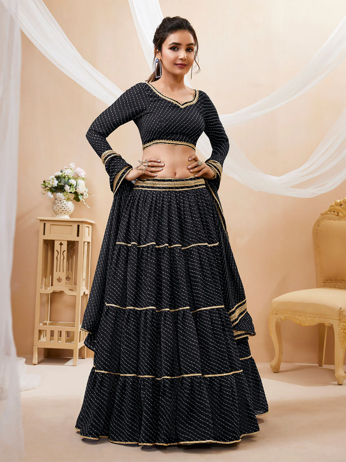 Odette Black Georgette Printed Semi Stitched Lehenga With Unstitched Blouse For Women - Image 2