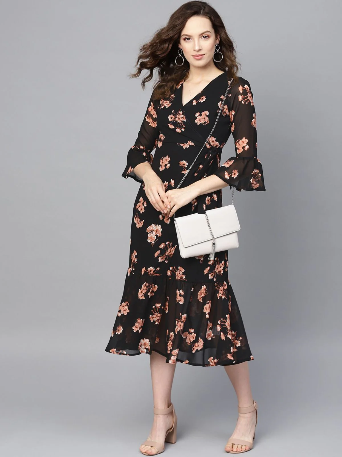 Odette Black Georgette Printed Stitched Dress For Women - Image 2