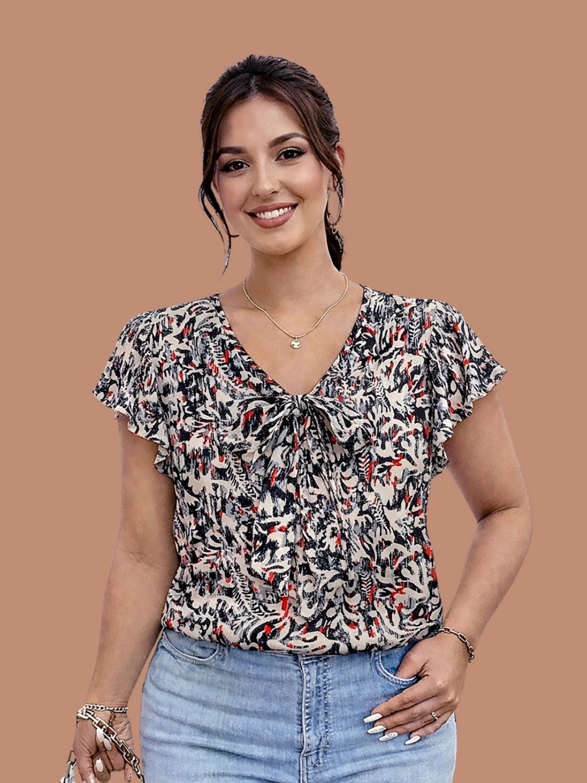 Odette Black Georgette Printed Top For Women - Image 4