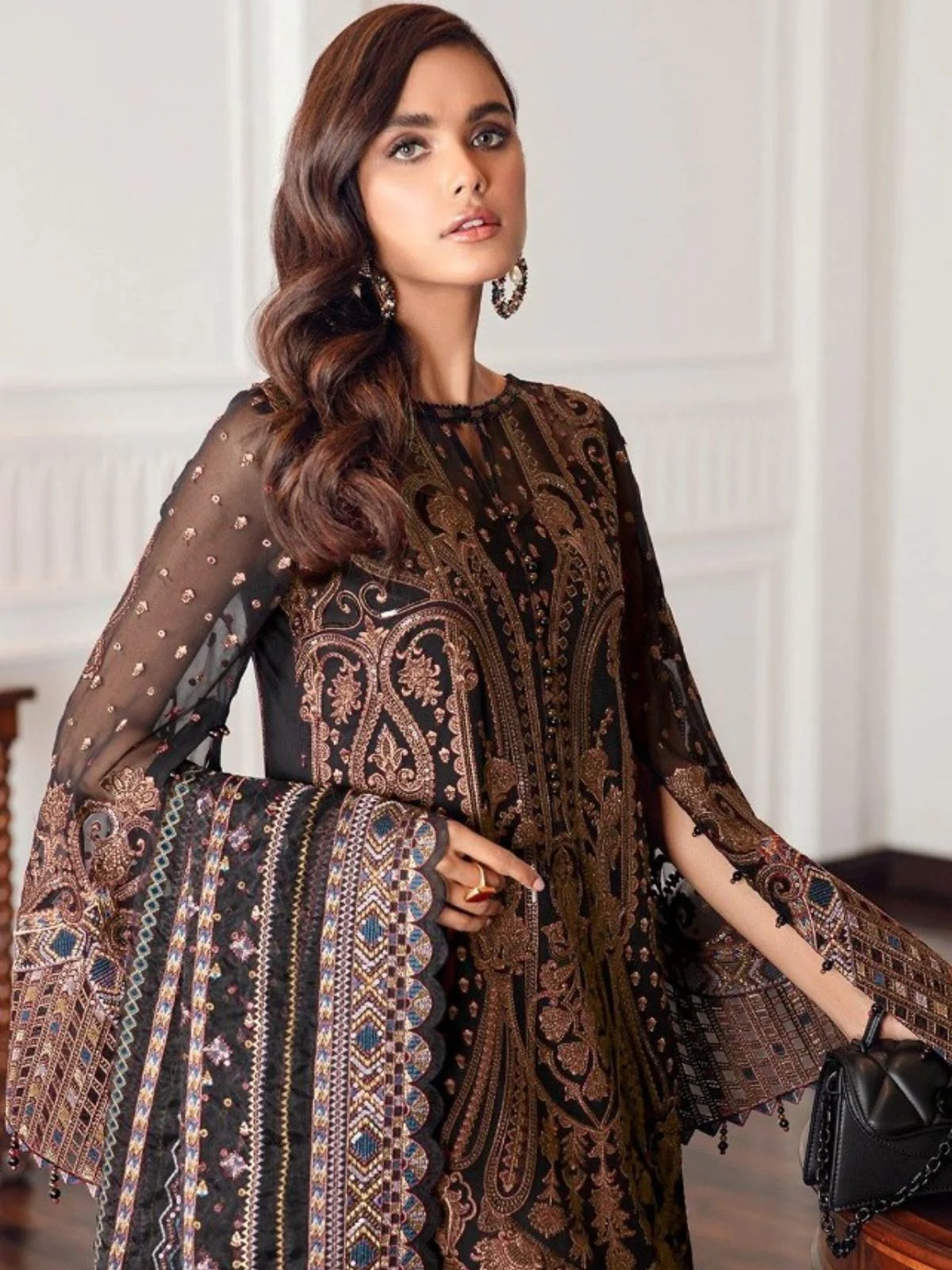 Odette Black Georgette Rose Gold Embroidered Semi-Stitched Kurta Set For Women - Image 2