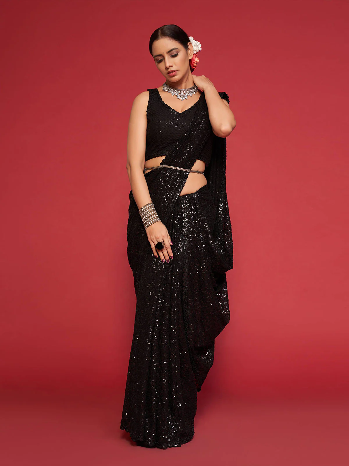 Odette Black Georgette Sequin Saree With Unstitched Blouse For Women - Image 2