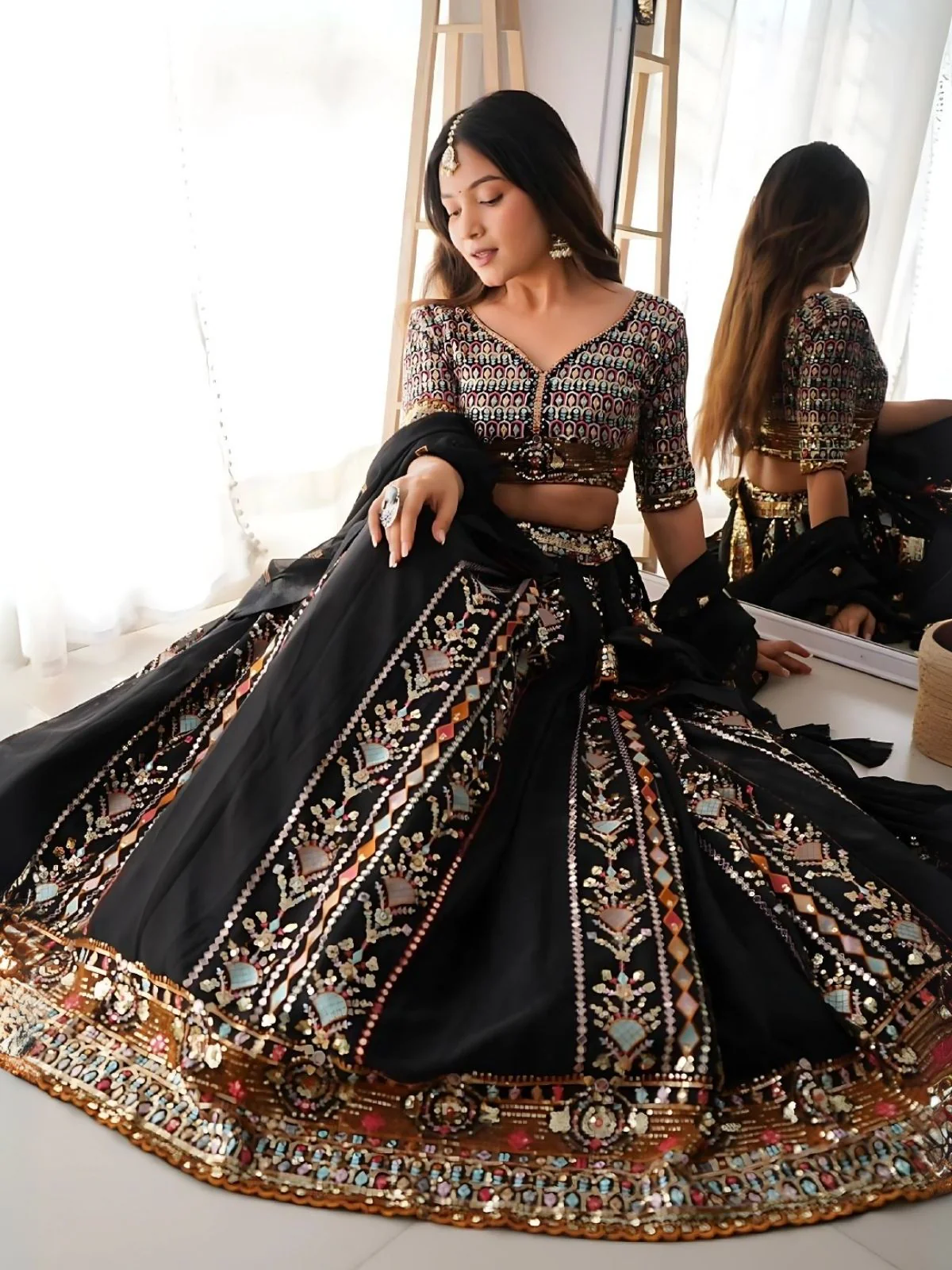 Odette Black Georgette Sequins Embroidered Semi-Stitched Lehenga For Women - Image 5