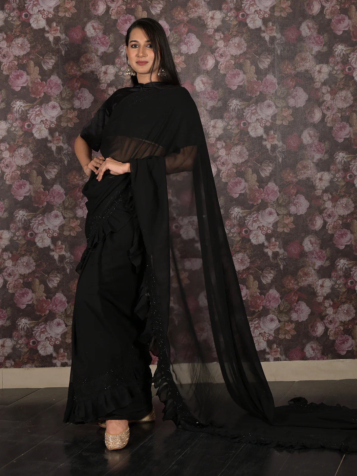Odette Black Georgette Sequins Saree with Unstitched Blouse & Belt for Women - Image 2