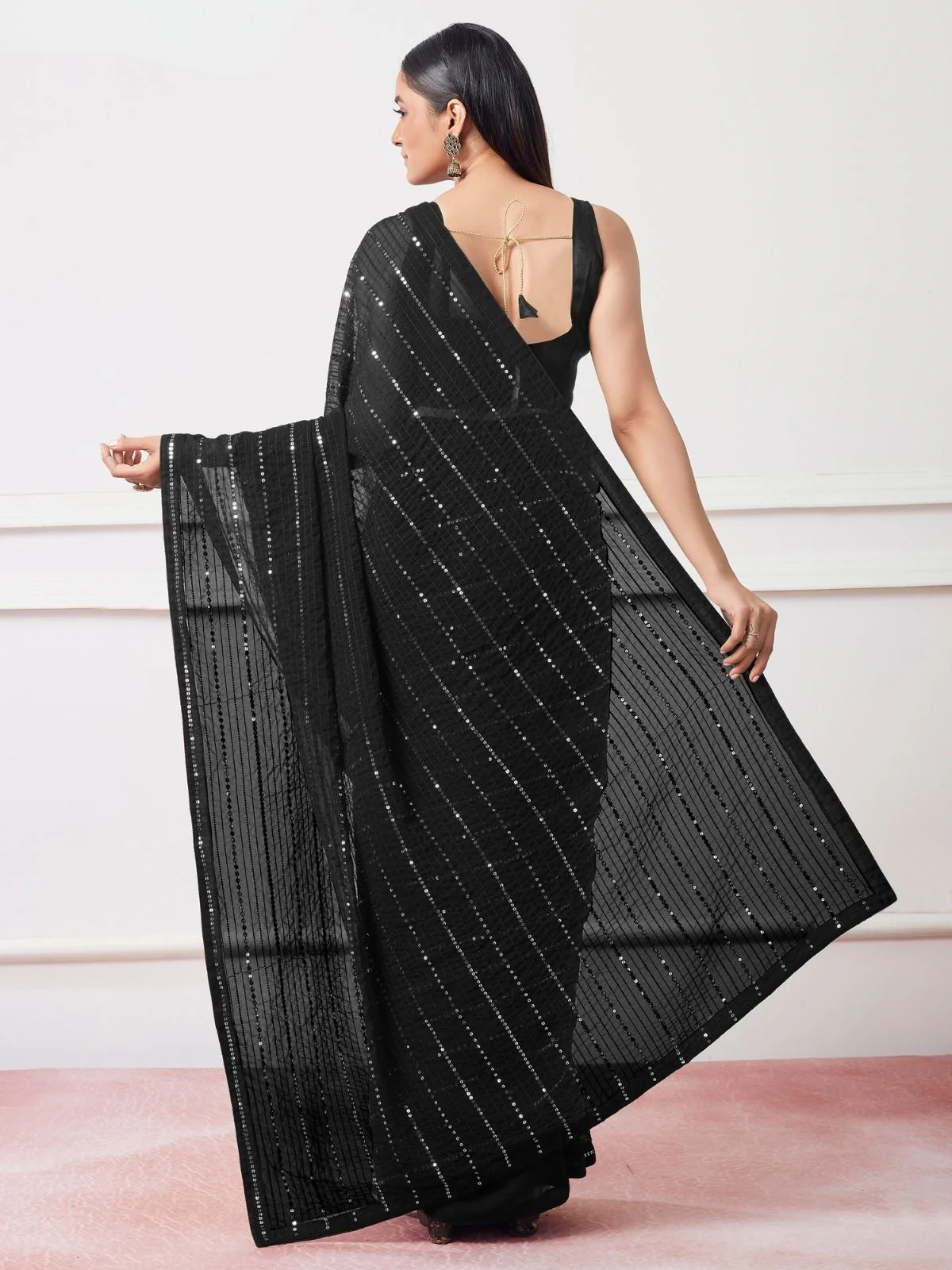 Odette Black Georgette Sequins Saree With Unstitched Blouse For Women - Image 2