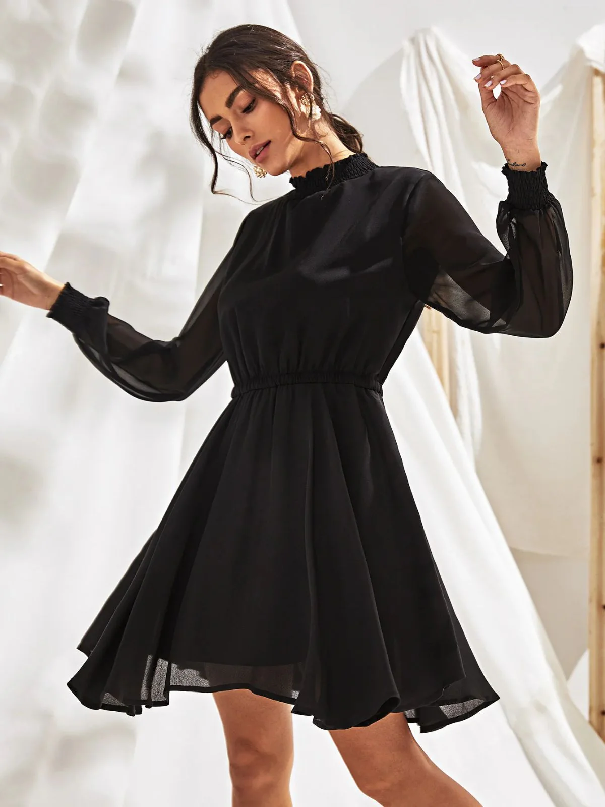 Odette Black Georgette Solid Dress For Women - Image 2